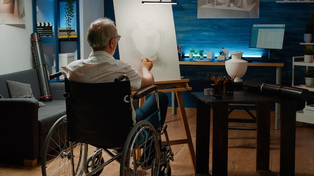 Hombre mayor con discapacidad dibujando bocetos de inspiración de jarrones, usando habilidades artísticas mientras sufre de discapacidad crónica. Usuario de silla de ruedas creando una obra maestra de arte profesional.