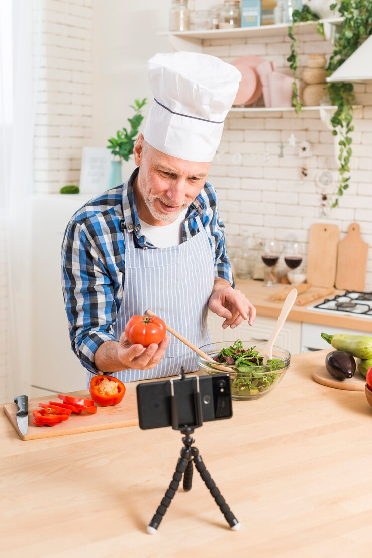 Foto gratuito hombre mayor que prepara la ensalada que hace videollamada en el teléfono móvil que muestra el tomate de la herencia a disposición
