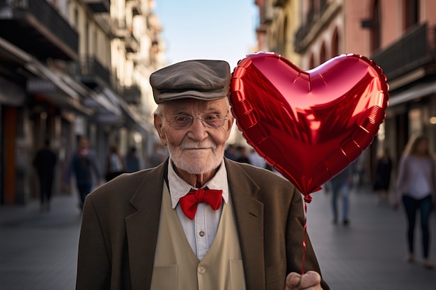 Hombre mayor que sostiene el globo de corazón rojo