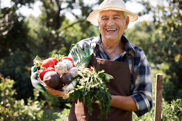 Hombre mayor que trabaja en el campo con una caja de verduras