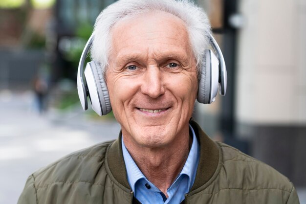 Hombre mayor sonriente en la ciudad escuchando música con auriculares