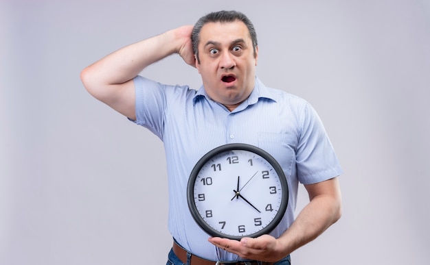 Hombre de mediana edad sorprendido vestido con camisa de rayas azules sosteniendo el reloj de pared destacó con la mano en la cabeza mientras está de pie sobre un fondo blanco.