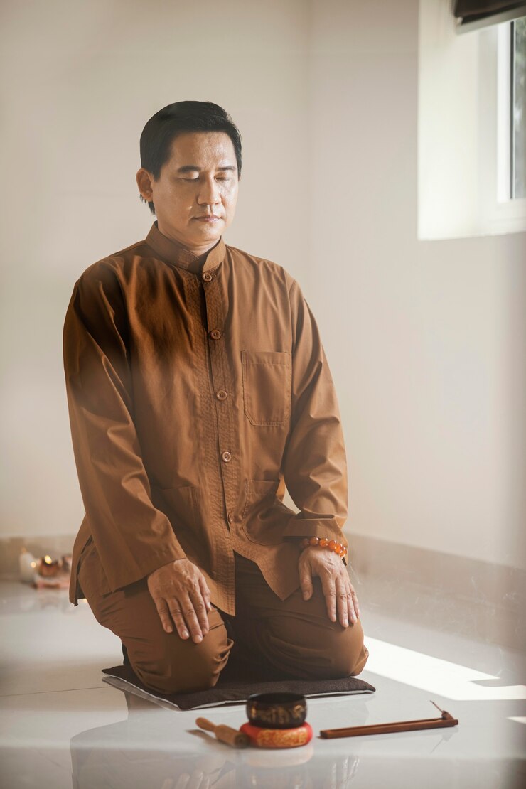 Foto gratuito hombre meditando con cuenco tibetano e incienso