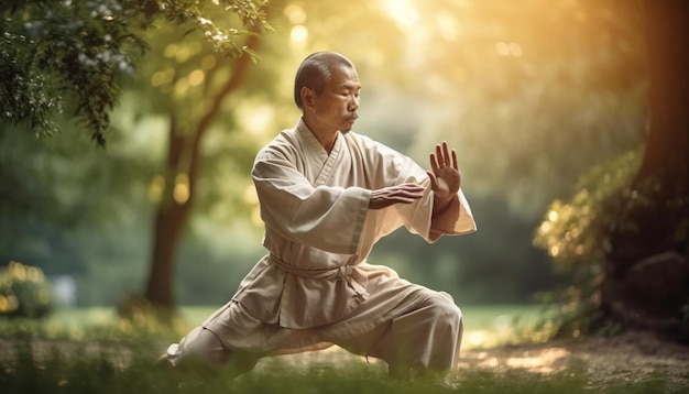 Foto gratuita un hombre meditando en la naturaleza encontrando el equilibrio ia generativa