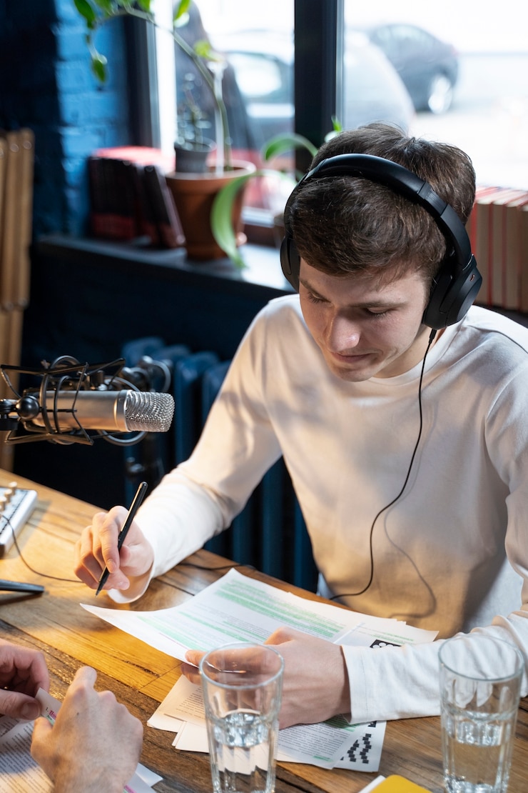 Foto gratuito hombre con micrófono y auriculares ejecutando un podcast en el estudio