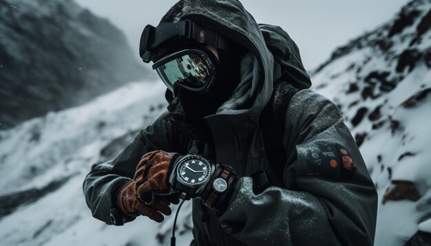 Un hombre mira el pico de la montaña contemplando la aventura generada por la IA