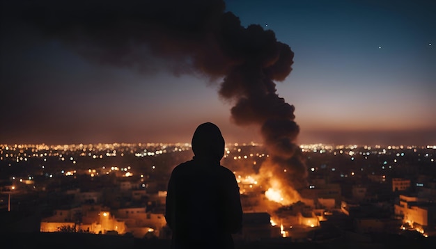 Foto gratuita hombre mirando la ciudad por la noche con humo de una chimenea