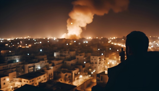 Foto gratuita hombre mirando la ciudad por la noche desde el techo de un edificio