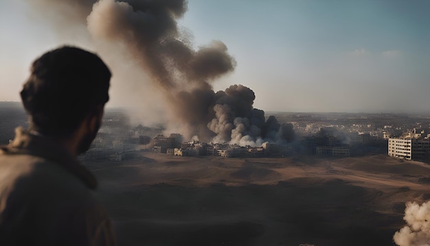 Foto gratuita hombre mirando un gran humo de un edificio en llamas en el desierto