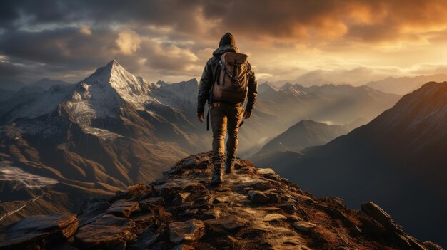 Hombre con mochila parado en la cima de una montaña y mirando el atardecer