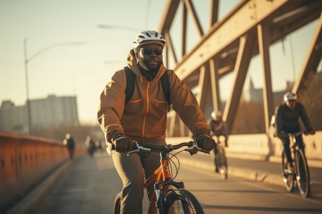 Hombre montando su bicicleta al aire libre en la ciudad