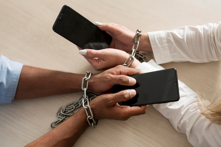 Foto gratuito hombre y mujer adictos a sus teléfonos incluso en el trabajo