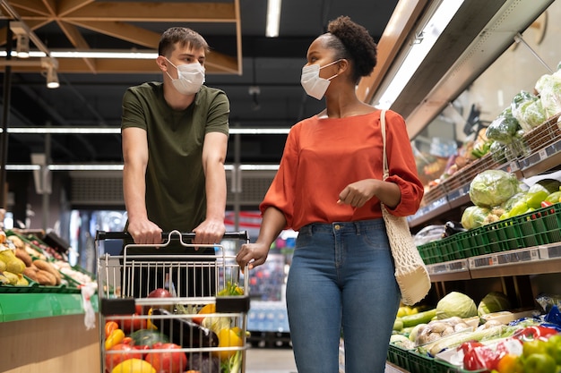 Hombre y mujer con máscaras médicas comprando comestibles con carrito de compras