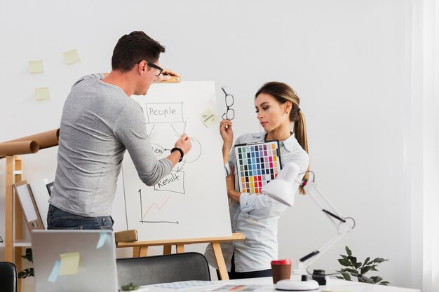 Hombre y mujer trabajando en un diagrama