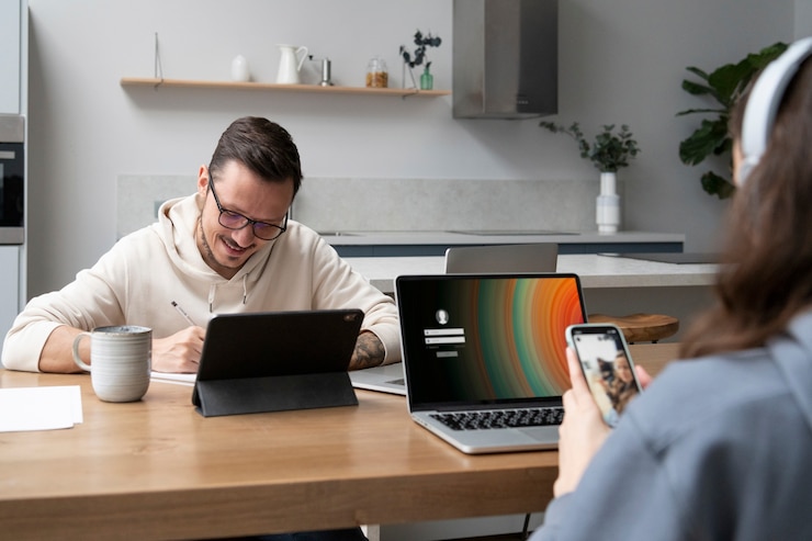 Foto gratuito hombre y mujer trabajando juntos desde casa en el escritorio