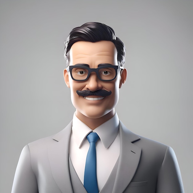 Hombre de negocios con bigote y gafas renderizado en 3D