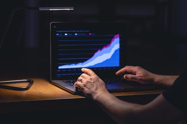 Foto gratuita hombre de negocios comerciante de la bolsa de valores mirando la pantalla de la computadora portátil por la noche