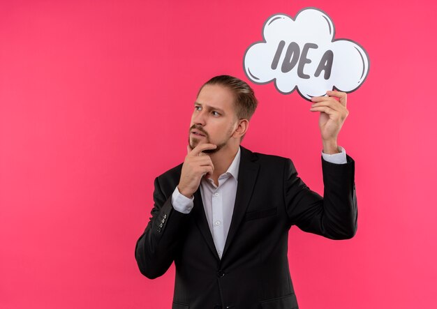 Hombre de negocios guapo vestido con traje sosteniendo la palabra idea en un bocadillo mirando a un lado desconcertado de pie sobre fondo rosa