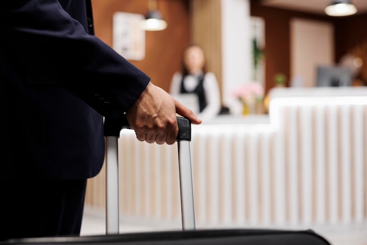 Foto gratuito el hombre de negocios llega al vestíbulo del hotel.