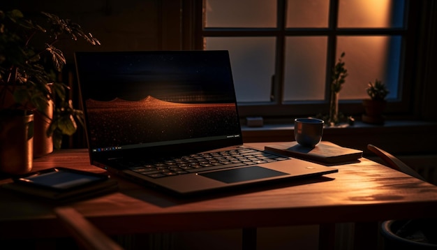 Hombre de negocios que trabaja en un escritorio moderno con una computadora portátil iluminada generada por IA