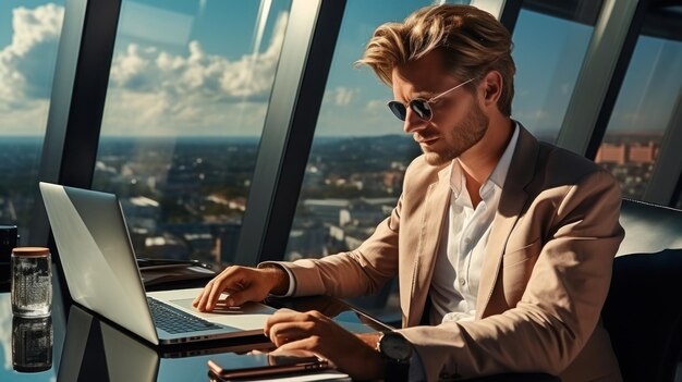 hombre de negocios trabajando en un traje y gafas trabaja en una computadora portátil en un espacio de oficina moderno