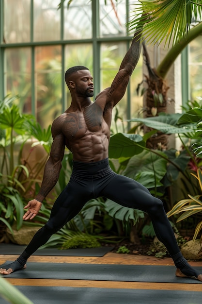 Foto gratuita hombre negro en plena sesión practicando yoga