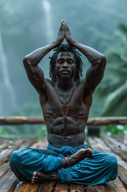 Foto gratuita hombre negro en plena sesión practicando yoga