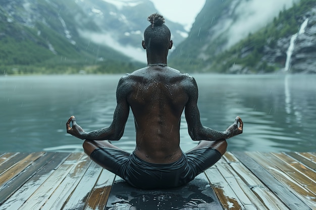 Foto gratuita hombre negro en plena sesión practicando yoga