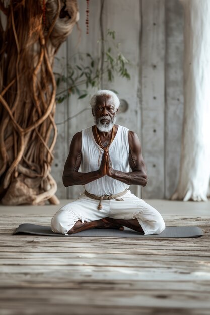 Hombre negro en plena sesión practicando yoga