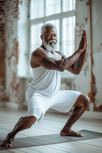Hombre negro en plena sesión practicando yoga