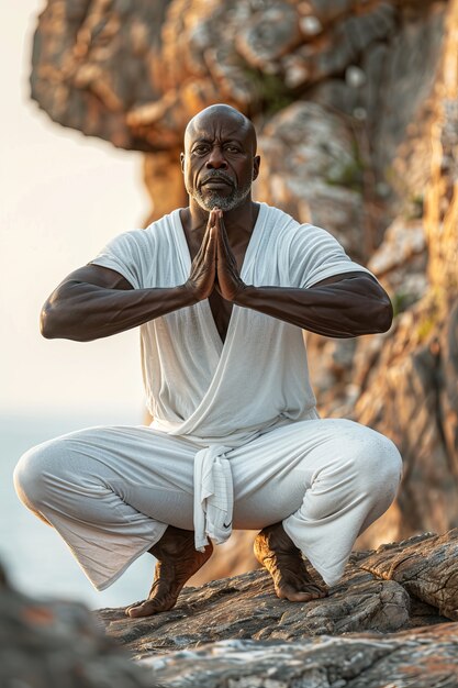 Hombre negro en plena sesión practicando yoga