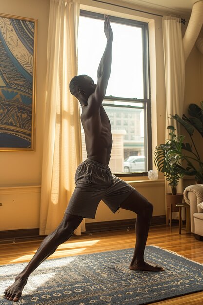 Hombre negro en plena sesión practicando yoga