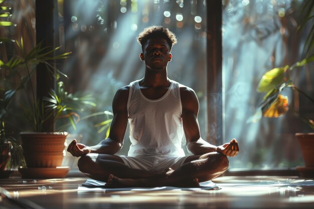 Hombre negro en plena sesión practicando yoga