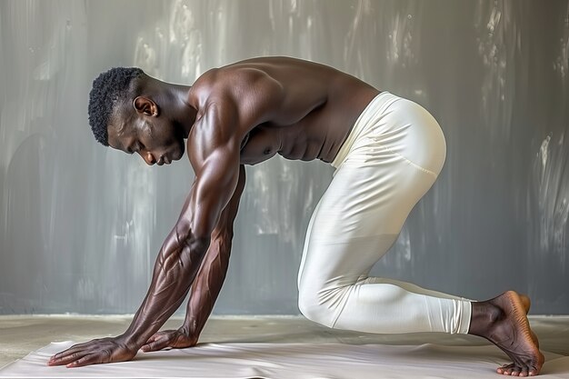 Hombre negro en plena sesión practicando yoga