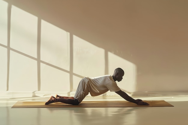 Hombre negro en plena sesión practicando yoga