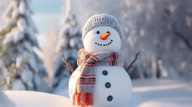 Foto gratuita un hombre de nieve alegre adornado con una bufanda y un sombrero se encuentra en una extensión nevada