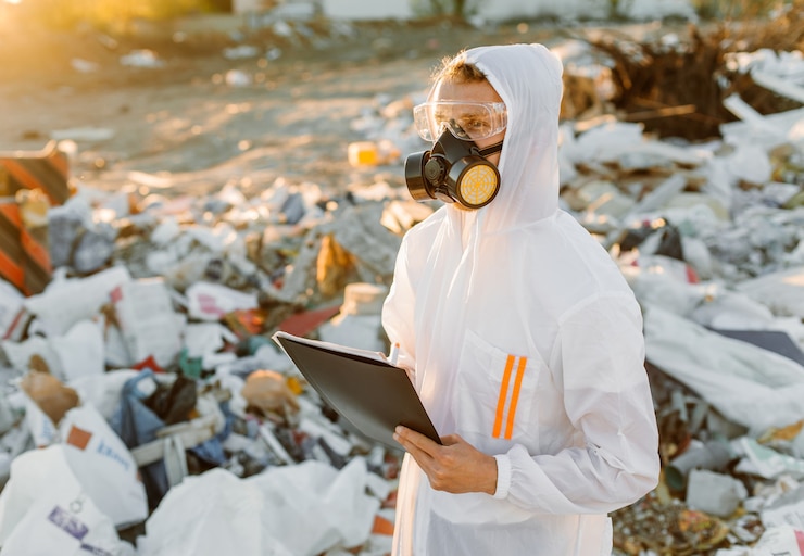 Foto gratuito hombre en overoles en la píldora de la basura. investigando. concepto de ecología, contaminación ambiental.