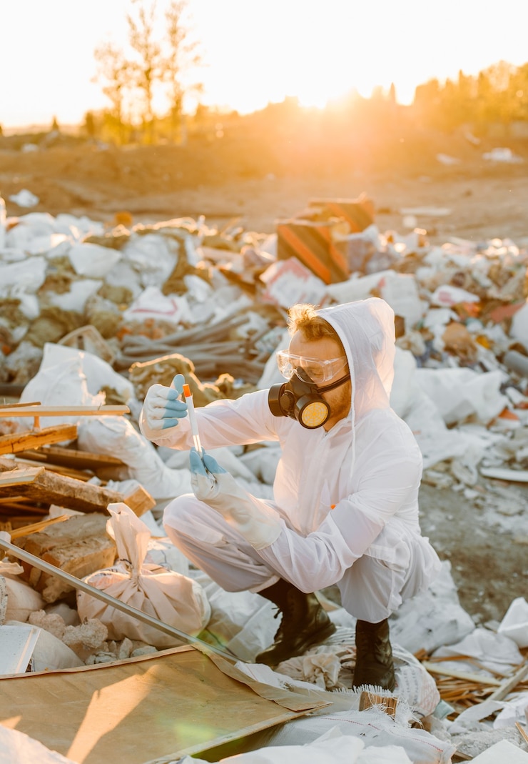Foto gratuito hombre en overoles en la píldora de la basura, investigando