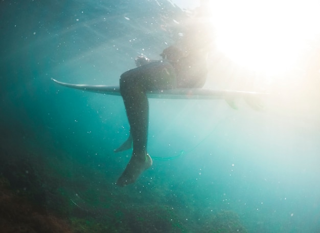 Hombre en pantalones cortos sentado en la tabla de surf bajo el agua