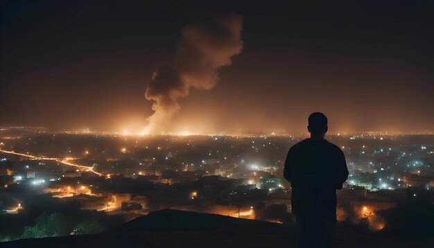 Foto gratuita hombre de pie en la colina y mirando la ciudad por la noche