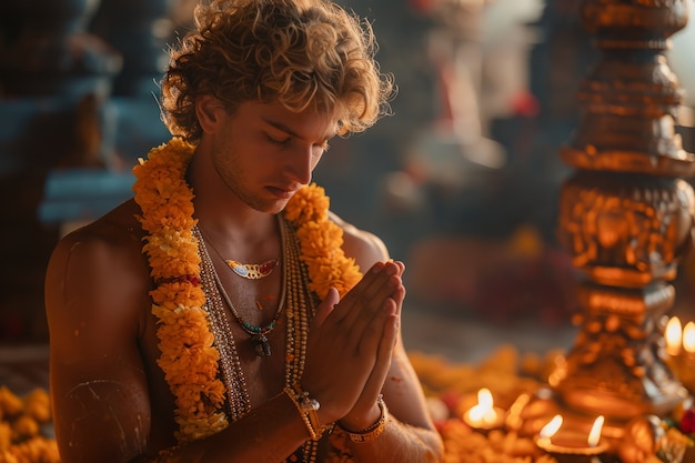 Hombre de plano medio celebrando el año nuevo tamil