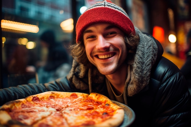 Hombre de plano medio con deliciosa pizza