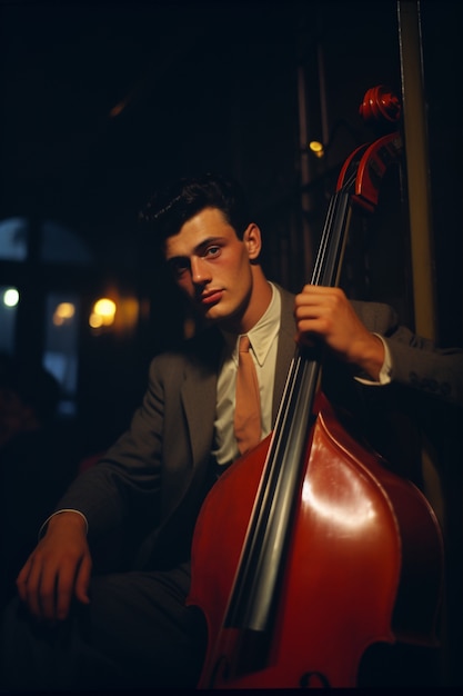 Foto gratuita hombre de plano medio tocando el violonchelo