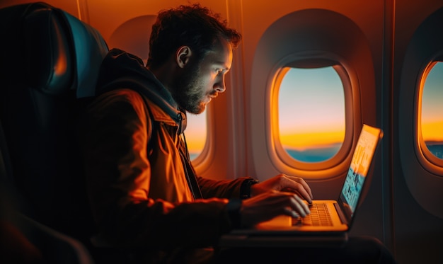 Foto gratuita hombre de plano medio trabajando en el avión.