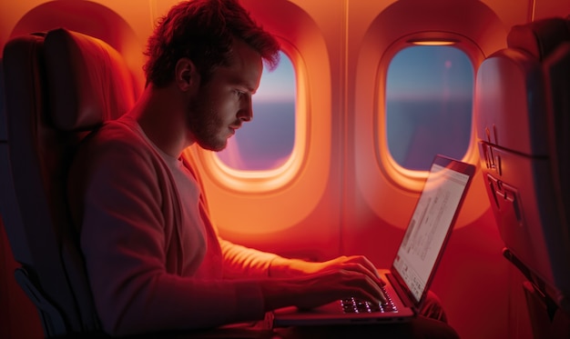 Foto gratuita hombre de plano medio trabajando en el avión.