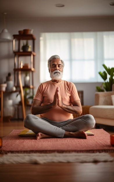 Foto gratuita hombre en plena sesión haciendo yoga