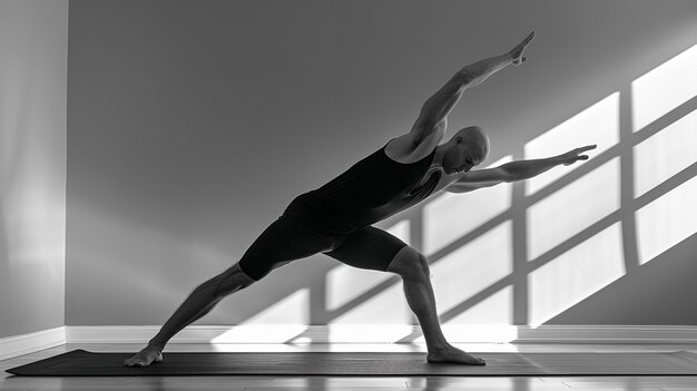 Hombre en plena sesión practicando yoga