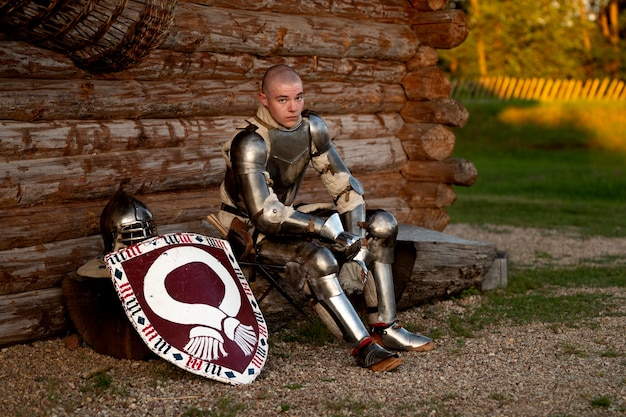 Hombre en plena toma posando como un soldado medieval