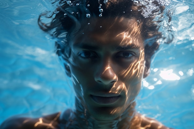 Foto gratuita hombre posando bajo el agua