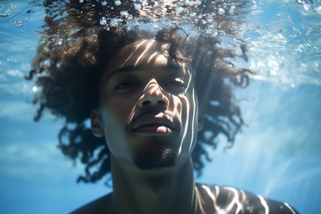 Foto gratuita hombre posando bajo el agua